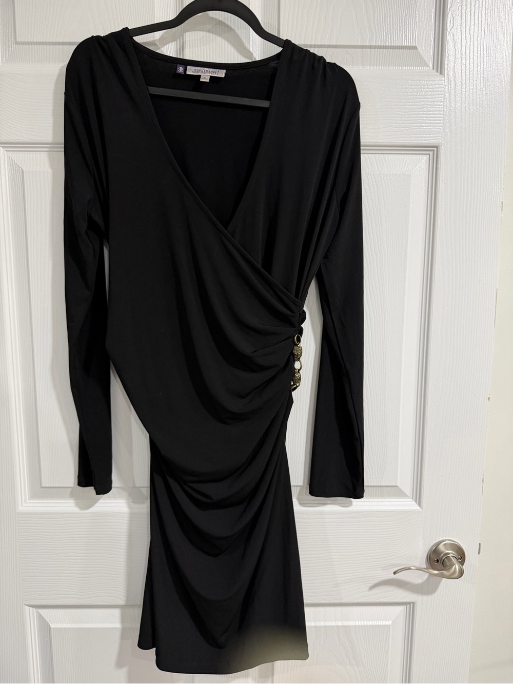 Jennifer Lopez Black Draped Long-Sleeve Wrap Dress with Decorative Buttons